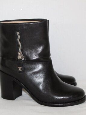 CHANEL Black Leather Fold Over Ankle Boots Chunk Heel CC Pull Tab Booties 37.5